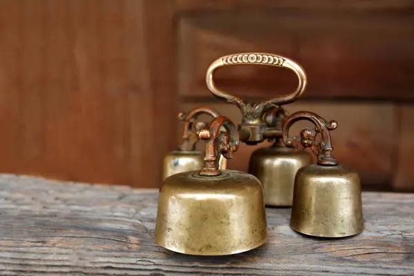 Antique Altar Bells Group Four Bells Joined Central Shaft Held — Stock Photo, Image