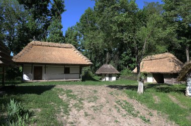 Çiçekli eski Ukrayna köy evi, yaz zamanı doğa, Ukrayna gelenekleri ve tarihi.
