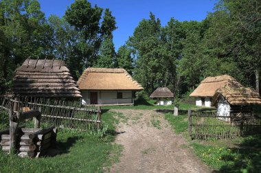 Çiçekli eski Ukrayna köy evi, yaz zamanı doğa, Ukrayna gelenekleri ve tarihi.