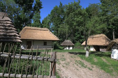 Çiçekli eski Ukrayna köy evi, yaz zamanı doğa, Ukrayna gelenekleri ve tarihi.