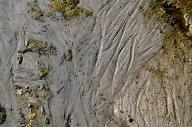 Küçük fraktal peyzaj. Kumda aşınma izi. Rüzgarın oluşturduğu kumdaki dalgalı desenler dinamik ve desenli doğal bir manzara yaratıyor..