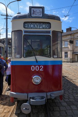 Lviv. Ukrayna. 24 Ağustos 2024 eski klasik tramvay servisi Gotha T2-62 Lviv 'deki garajda.