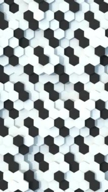 Siyah ve beyaz altıgenden yapılmış animasyon geometrik arkaplan. Retro, soyut ve minimalist kavram. Dikey.
