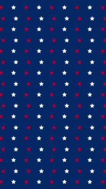 Amerikan bayrağının renkleriyle canlandırılmış arka plan. Beyaz ve kırmızı yıldızlar yatay olarak zıt yönlere hareket ederler. Devamlı döngü. Dikey.