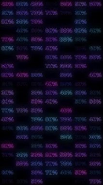 % 30,% 40,% 50,% 60,% 70 ve% 80 oranında mavi ve mor tonlarda parlayan yüzde indirimli metin içeren animasyon harfleri. Terfi ve Kara Cuma için ideal. Dikey.