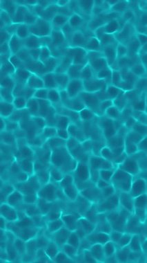 Canlandırılmış arka plan, sakin bir yüzme havuzu yüzeyine benzeyen, ışık yansımalı sakin mavi bir su. Kusursuz döngü. Dikey.