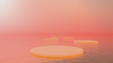 Yoğun pembe bir sis üzerinde yansıtıcı su üzerinde yuvarlak turuncu platformlarla sakin bir sahne, minimalist bir ortam. Yumuşak renkler ve basit şekiller rahatlatıcı, gerçeküstü bir atmosfer yaratıyor. Boşluğu kopyala.