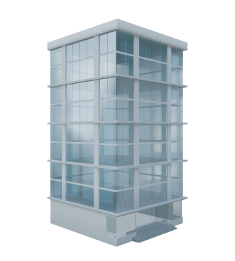 Camdan pencereleri ve girişi olan modern bir binanın düşük polimerli üç boyutlu çizimi. Kompozisyon için şeffaf arkaplanda izole edildi.