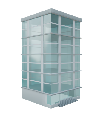 Camdan pencereleri ve girişi olan modern bir binanın düşük polimerli üç boyutlu çizimi. Kompozisyon için şeffaf arkaplanda izole edildi.