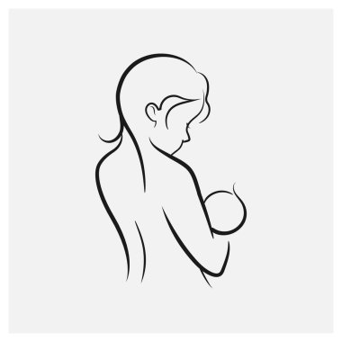 Annenin çizgi çizimi çocuğuna sarılıyor ve çocuğunu öpüyor. Mutlu Uluslararası Anneler Günü kartı, sevgi dolu aile, çocukluk dönemi için elle çizilmiş emzirme illüstrasyonu