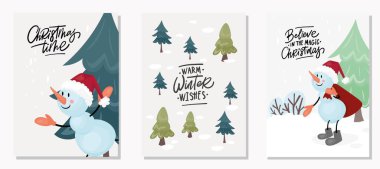 Kardan adamların olduğu bir Noel kartı. Çizgi film tarzında el çizimi çizimi. Noel için hoş bir konsept. Tasarım kartpostalı, tekstil, giysi, dekor için resim