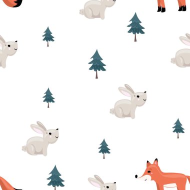 Tavşan ve tilki ile vektör deseni. El çizimi vektör grafikleri. Noel ambalaj kağıdı. Yatak çarşafları, bebek kıyafetleri, masa örtüsü, kumaş