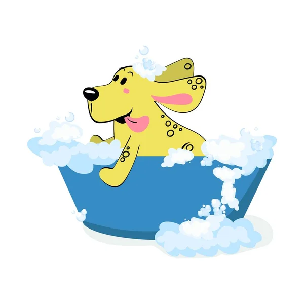 Cão Bonito Banho Bolhas Estilo Plano Arrumar Pet Cuidados Ilustração — Vetor de Stock