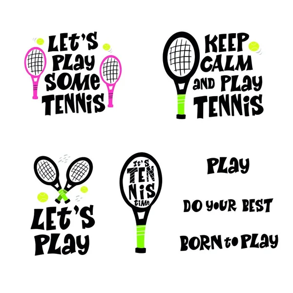 打网球手绘矢量字母集 动机运动口号与网球和球拍的白色背景 竞争游戏 健康的生活方式概念 — 图库矢量图片