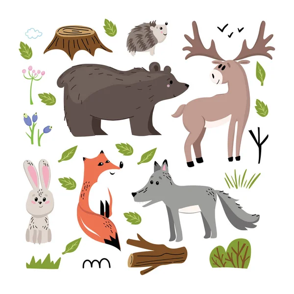 平らなスタイルのベクトルで作られた森の動物のセット 子供の本やポスターのための動物園漫画コレクション キツネ ハジホッグ — ストックベクタ