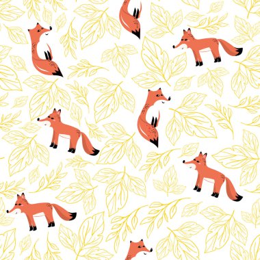 Sonbahar yapraklı şirin tilkilerle desen. Baskı, tekstil ve ambalaj kağıdı için mükemmel. Vektör illüstrasyonu