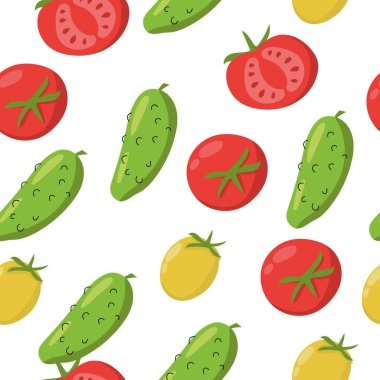 Salatalık ve domatessiz desen. Sonsuz desen seramik fayans, duvar kağıdı, tekstil, web sayfası arka planı için kullanılabilir. Vektör çizgi film illüstrasyonu.