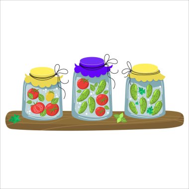 Sebzeleri korumak için ev yapımı kavanozları hazırlayın. Sonbahar hasat mevsimi. Vektör illüstrasyonu