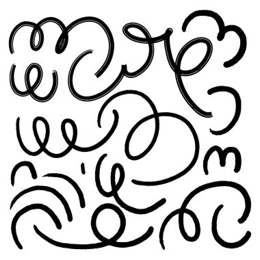 El çizimi kalem çizgileri ve karalamalar. Vektör kömür lekeleri, grevler ve girdaplar. Doodle tarzı kabataslak çizgiler. Yatay dalga fırça darbeleri koleksiyonu. Sert kenarlı çizik darbeleri.