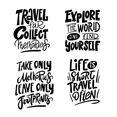 Seyahat için harf alıntılarını ayarla. İlham verici tipografi posteri. Vektör illüstrasyonu.