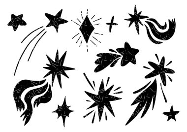 Dekorasyon, sihirli temalar ya da kozmik tasarım için siyah siluet tarzında el yapımı kayan yıldızlar ve parlaklıklar..  