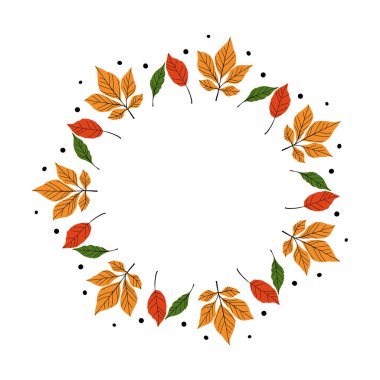 Renkli kırmızı, turuncu ve yeşil yapraklarla bembeyaz arkaplanda dairesel bir çerçeveye yerleştirilmiş sonbahar yaprağı çizimi.  