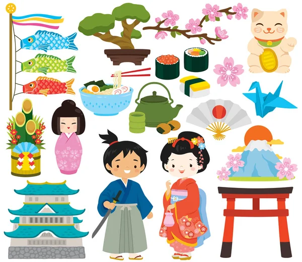 Japoński Clipart Set Japońskie Ikony Ludzie Jedzenie Tradycyjne Przedmioty — Wektor stockowy