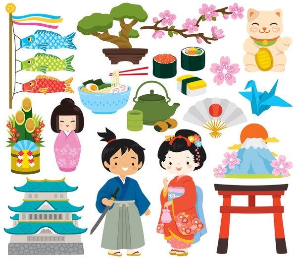 Japan clipart set. Japanese icons, people, food and traditional items.