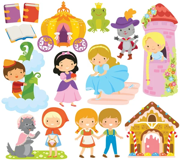 Fairy Tales Clipart Set Cute Cartoon Characters Famous Folktales — Stock vektor
