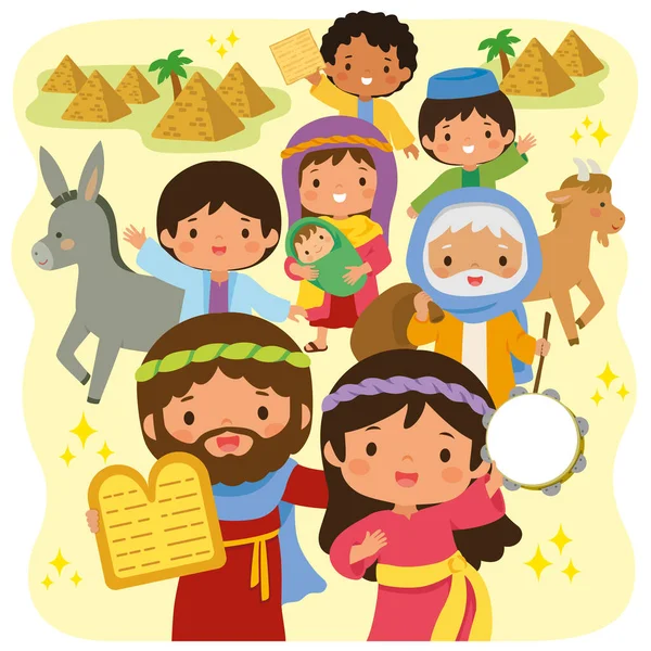 Passover Story Escape Egypt Cartoon Israelites Leaving Egypt Moses Holding — 图库矢量图片