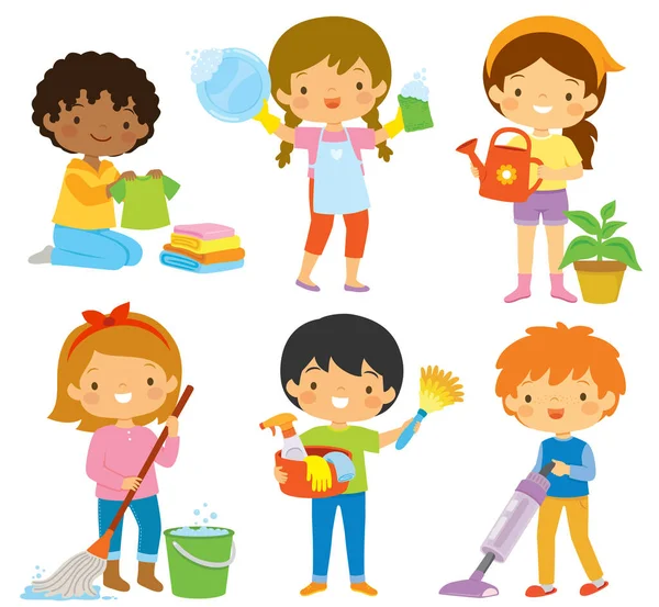 Cartoon Kinderen Doen Huishoudelijk Werk Thuis Klusjes Zoals Schoonmaken Wasserij Stockillustratie