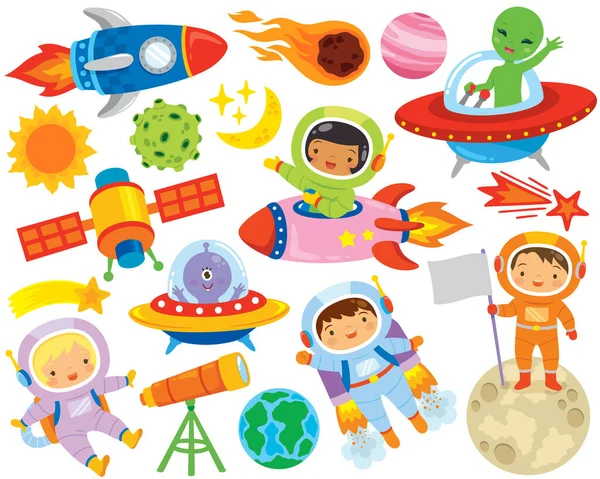 Cute Colorful Outer Space Clipart Set Male Female Astronauts Aliens — Stock Vector