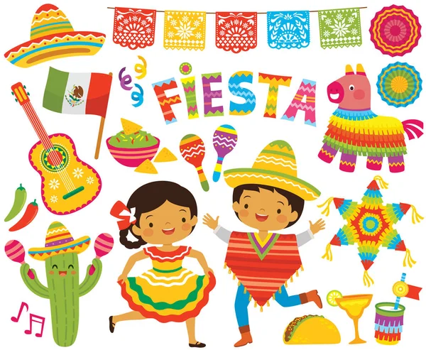 フィエスタとシンコ クリパートセット 伝統的な服のメキシコのパーティー要素と子供 ロイヤリティフリーのストックイラスト