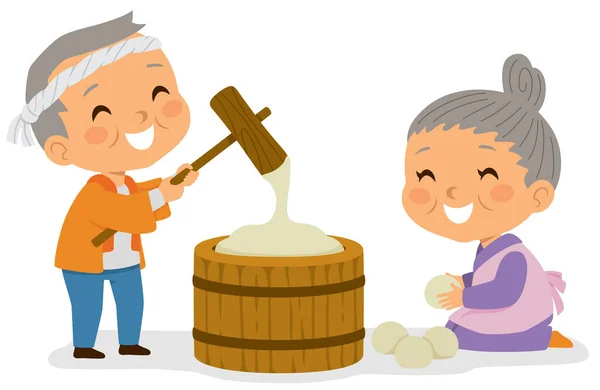 Mochi Japonya Yapıyor Yaşlı Japon Erkek Kadın Geleneksel Mochi Pirinç Stok Vektör