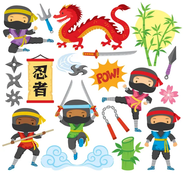Ninja Klip Seti Farklı Pozlardaki Sevimli Ninja Çocuklarla Dövüş Sanatları Telifsiz Stok Illüstrasyonlar