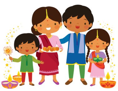 Aileyle Diwali. Mutlu Hint ailesi Diwali 'yi yağ lambaları, maytap ve geleneksel şekerlerle kutluyor..