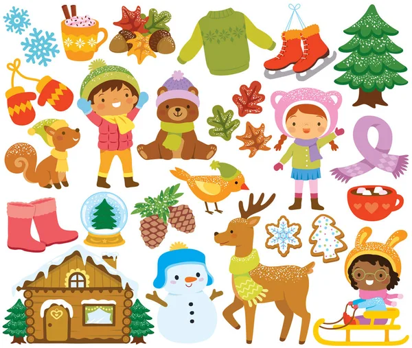 雪の中で遊ぶ子供たちと冬のクリップパーツ かわいい木の動物 冬の服 さまざまな冬のアイテム ストックイラスト