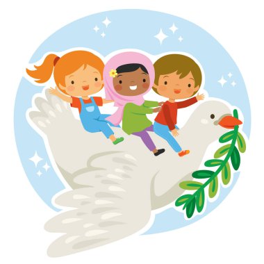 World peace concept. Kids riding a dove with an olive branch as a symbol of peace between nations. clipart