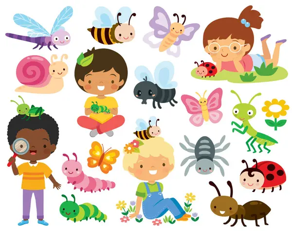 Insecten Clipart Set Leuke Cartoon Insecten Nieuwsgierige Kinderen Verkennen Van Stockvector