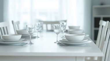 Zarif beyaz sofra takımı ve cam eşyalar içeren sakin bir yemek masası düzenlemesi. Yumuşak ışık ve minimal tasarım toplantılar için hoş bir ortam yaratıyor..