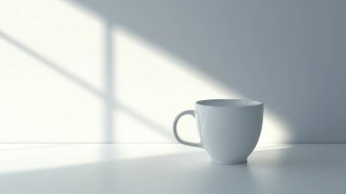 A minimalist white cup rests on a clean surface, illuminated by soft sunlight. The shadows create a calming atmosphere, perfect for still life or lifestyle themes. clipart