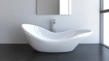 Bu zarif modern küvet parlak bir banyo ortamında minimalist estetiklerin sergilendiği zarif bir tasarım ve yumuşak kıvrımlara sahiptir..