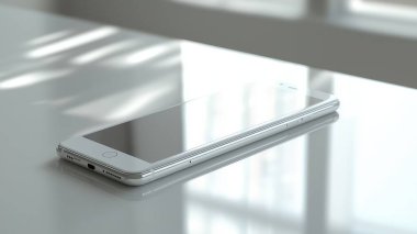 Parlak, modern bir akıllı telefon minimalist bir yüzeye uzanır, yumuşak ışığı yansıtır. Tasarımın basitliği onun zarafetini ve işlevselliğini çağdaş bir ortamda vurgular..