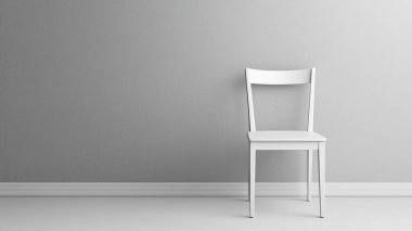 Yumuşak gri bir duvara yaslanmış minimalist, beyaz bir sandalye, huzurlu ve modern bir atmosfer yaratıyor. İç tasarım kavramları ve sakinleştirici alanlar için ideal.