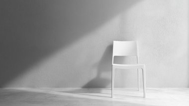 Güneşli, kapalı bir alanda konumlanmış minimalist, beyaz bir sandalye, yumuşak gölgeleri, dokulu gri bir duvara, sükunet ve basitlik hissi uyandırıyor..