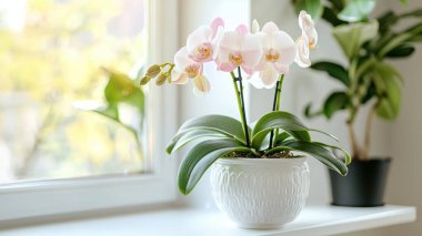 Güzel beyaz bir orkide, pencerenin kenarında zarifçe sergilenmiş, doğal ışığın tadını çıkarıyor. Bu sakin sahne her türlü iç mekanı zarafet ve canlılık ile güçlendirir..