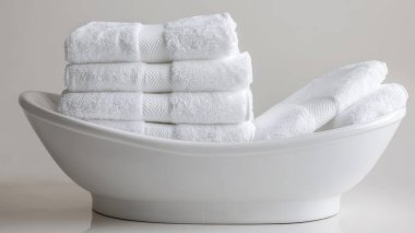 Seramik bir kasede düzgünce yerleştirilmiş beyaz havlular. Banyo veya spa ortamlarındaki sakin atmosferi geliştirmek için mükemmel..