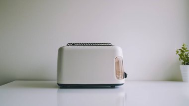 Beyaz bir tost makinesi, küçük bir kapalı alan bitkisiyle tamamlanmış, temiz bir yüzeyde oturur. Bu modern mutfak aleti kahvaltı rutinine zarafet katıyor..