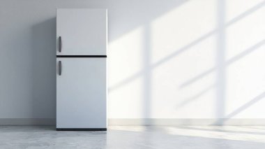 Minimalist beyaz bir buzdolabı, parlak ve modern bir alanda, yumuşak gölgeler bırakarak tek başına duruyor. Bu resim ev tasarımında basitlik ve işlevselliği yakalar.