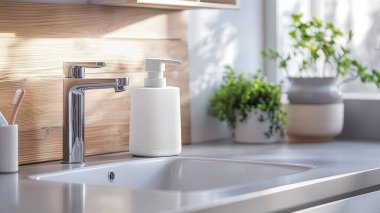 Temiz bir lavabonun yanında şeffaf bir musluğun olduğu sakin bir mutfak sahnesi. Minimalist tasarım elementleri ve yemyeşil parlak, davetkar atmosferi arttırır, ev geliştirme için mükemmeldir..